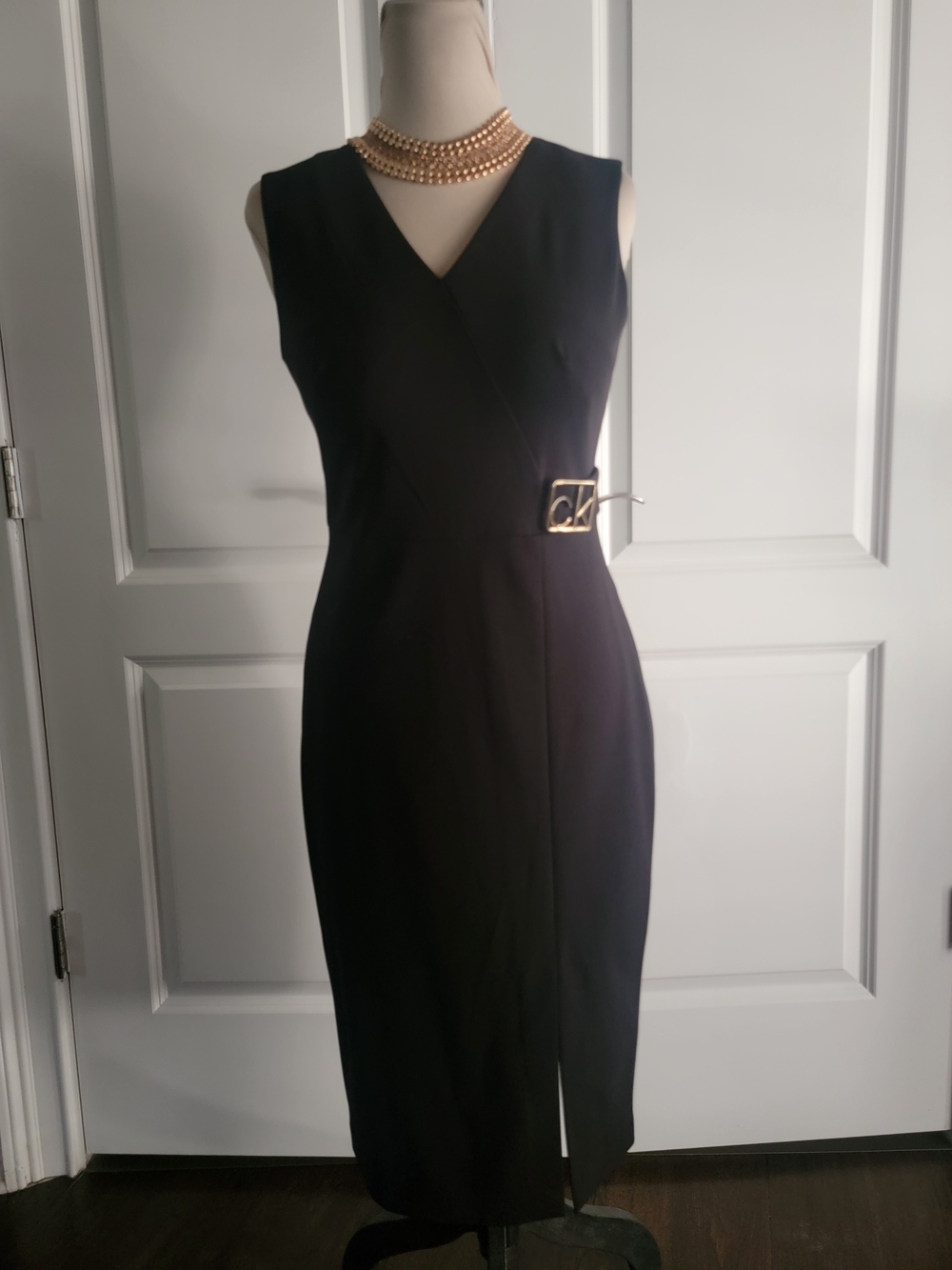 Calvin Klein Black Sleeveless Sheath Dress with Gold Buckle